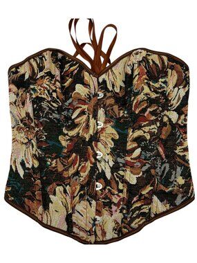 Vintage Women's Overbust Corset Top Size M Multi Floral Tapestry Lace Up Back